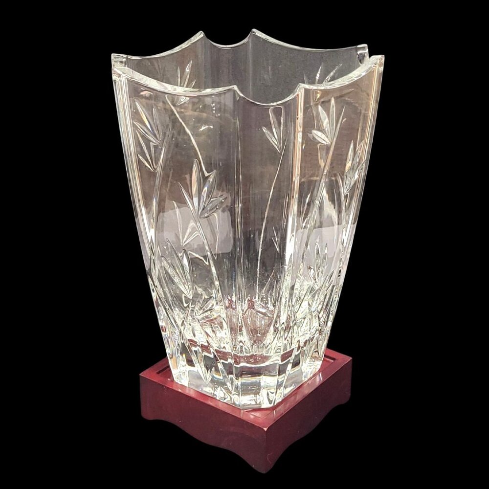 Waterford Crystal Flower Vase 10'' Bamboo Collection Wood Base 10'' T Vintage